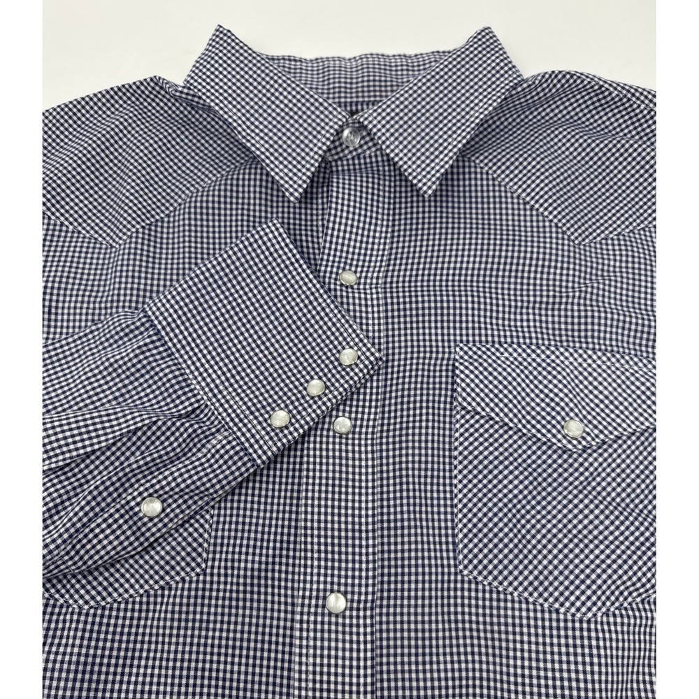 VTG Karman Mens Western Shirt L Blue White Striped Pearl Snap Cowboy Rodeo 70s